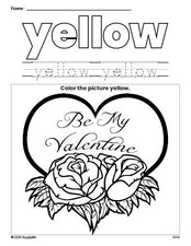 Free Valentine's Day valentine color yellow coloring page and color worksheet, yellow worksheet for preschoolers to learn colors, printable PDF