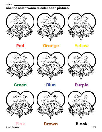 Free Valentine's Day valentine coloring page and color worksheet for preschoolers to learn colors, printable PDF