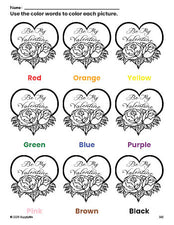 Free Valentine's Day valentine coloring page and color worksheet for preschoolers to learn colors, printable PDF