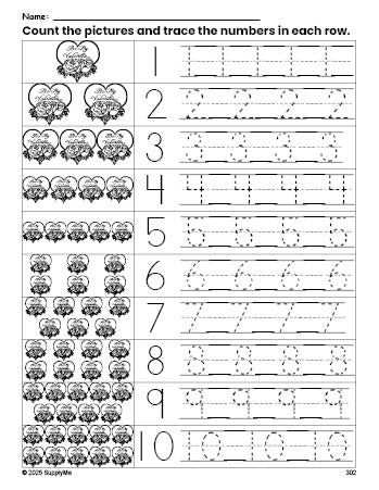 Free printable Valentine's Day valentine counting worksheet for preschool and pre-k with number tracing practice 1-10, PDF