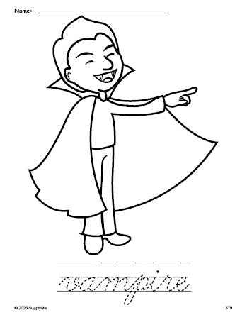 Free printable vampire Halloween coloring page and cursive word tracing worksheet, perfect for preschool, pre-k, and kindergarten, PDF