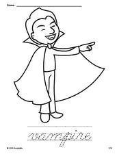 Free printable vampire Halloween coloring page and cursive word tracing worksheet, perfect for preschool, pre-k, and kindergarten, PDF