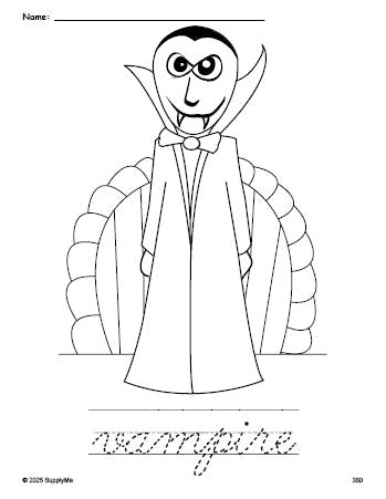 Free printable vampire Halloween coloring page and cursive word tracing worksheet, perfect for preschool, pre-k, and kindergarten, PDF