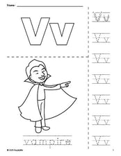 Free printable vampire Halloween coloring page and letter tracing worksheet, letter v worksheet for preschool, pre-k, and kindergarten, PDF