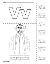 Free printable vampire Halloween coloring page and letter tracing worksheet, letter v worksheet for preschool, pre-k, and kindergarten, PDF