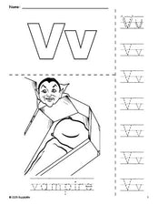 Free printable vampire Halloween coloring page and letter tracing worksheet, letter v worksheet for preschool, pre-k, and kindergarten, PDF