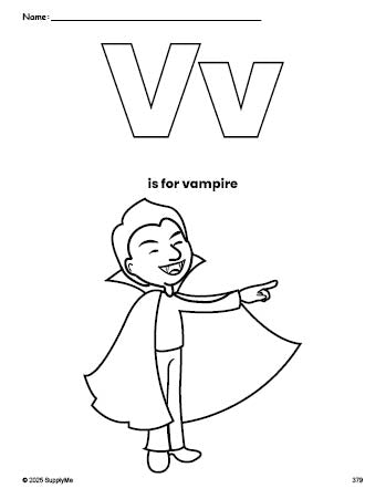 Free printable vampire Halloween coloring page, letter v coloring page for preschool, pre-k, and kindergarten, PDF