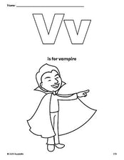 Free printable vampire Halloween coloring page, letter v coloring page for preschool, pre-k, and kindergarten, PDF