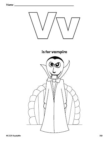 Free printable vampire Halloween coloring page, letter v coloring page for preschool, pre-k, and kindergarten, PDF