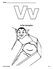 Free printable vampire Halloween coloring page, letter v coloring page for preschool, pre-k, and kindergarten, PDF