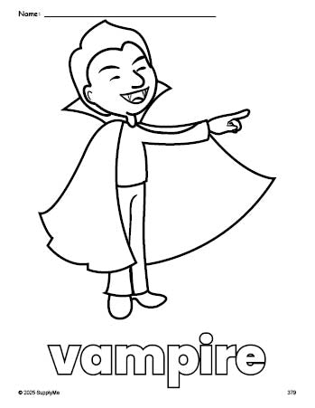 Free printable vampire Halloween coloring page for preschool, pre-k, and kindergarten, PDF