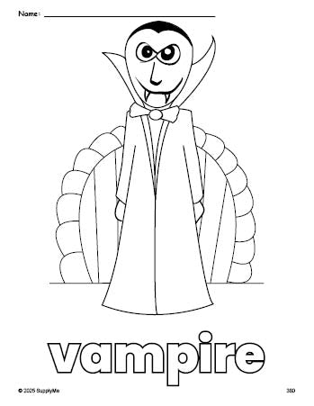 Free printable vampire Halloween coloring page for preschool, pre-k, and kindergarten, PDF