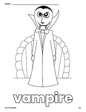 Free printable vampire Halloween coloring page for preschool, pre-k, and kindergarten, PDF