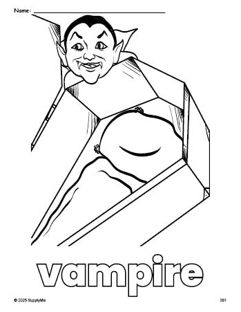 Free printable vampire Halloween coloring page for preschool, pre-k, and kindergarten, PDF