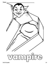 Free printable vampire Halloween coloring page for preschool, pre-k, and kindergarten, PDF