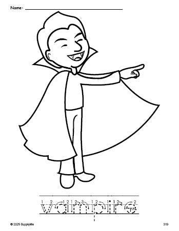 Free printable vampire Halloween coloring page and word tracing worksheet, letter formation guides, perfect for preschool, pre-k, and kindergarten, PDF