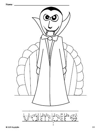 Free printable vampire Halloween coloring page and word tracing worksheet, letter formation guides, perfect for preschool, pre-k, and kindergarten, PDF