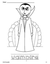 Free printable vampire Halloween coloring page and word tracing worksheet, letter formation guides, perfect for preschool, pre-k, and kindergarten, PDF