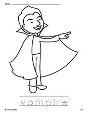 Free printable vampire Halloween coloring page and word tracing worksheet, perfect for preschool, pre-k, and kindergarten, PDF