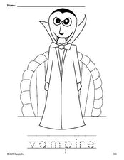 Free printable vampire Halloween coloring page and word tracing worksheet, perfect for preschool, pre-k, and kindergarten, PDF