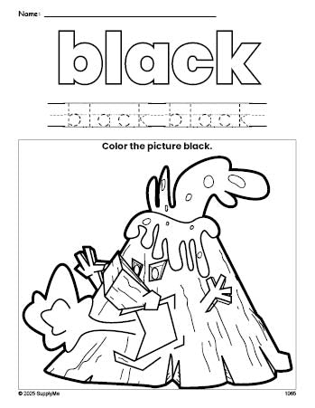 Free volcano color black coloring page and color worksheet, black worksheet for preschoolers to learn colors, printable PDF