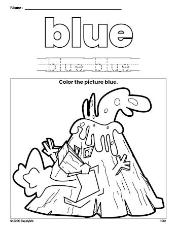 Free volcano color blue coloring page and color worksheet, blue worksheet for preschoolers to learn colors, printable PDF