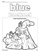 Free volcano color blue coloring page and color worksheet, blue worksheet for preschoolers to learn colors, printable PDF