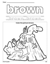 Free volcano color brown coloring page and color worksheet, brown worksheet for preschoolers to learn colors, printable PDF