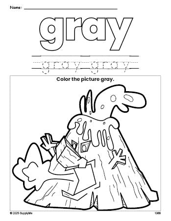 Free volcano color gray coloring page and color worksheet, gray worksheet for preschoolers to learn colors, printable PDF