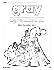 Free volcano color gray coloring page and color worksheet, gray worksheet for preschoolers to learn colors, printable PDF