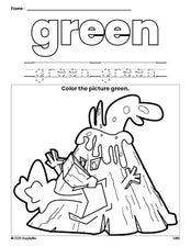 Free volcano color green coloring page and color worksheet, green worksheet for preschoolers to learn colors, printable PDF