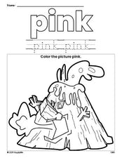 Free volcano color pink coloring page and color worksheet, pink worksheet for preschoolers to learn colors, printable PDF