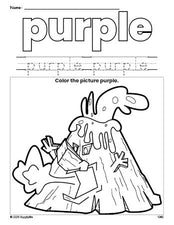 Free volcano color purple coloring page and color worksheet, purple worksheet for preschoolers to learn colors, printable PDF