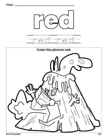 Free volcano color red coloring page and color worksheet, red worksheet for preschoolers to learn colors, printable PDF