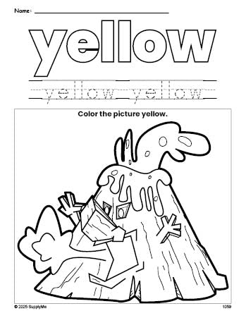 Free volcano color yellow coloring page and color worksheet, yellow worksheet for preschoolers to learn colors, printable PDF