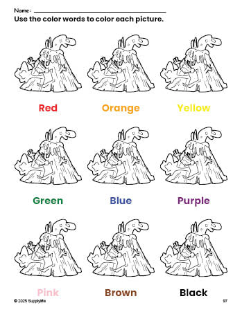 Free volcano coloring page and color worksheet for preschoolers to learn colors, printable PDF