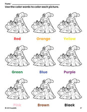 Free volcano coloring page and color worksheet for preschoolers to learn colors, printable PDF