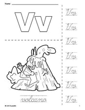 Free printable volcano coloring page and cursive letter tracing worksheet, letter v worksheet for preschool, pre-k, and kindergarten, PDF