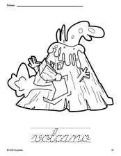 Free printable volcano coloring page and cursive word tracing worksheet, perfect for preschool, pre-k, and kindergarten, PDF