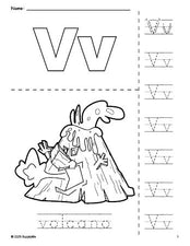 Free printable volcano coloring page and letter tracing worksheet, letter v worksheet for preschool, pre-k, and kindergarten, PDF