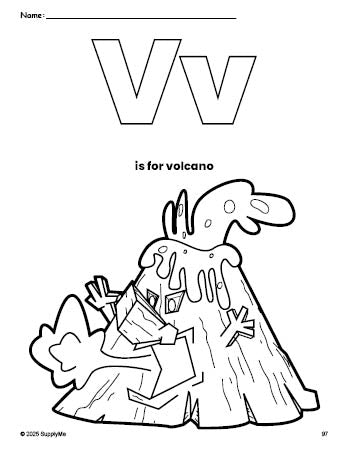 Free printable volcano coloring page, letter v coloring page for preschool, pre-k, and kindergarten, PDF