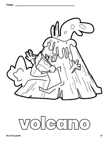 Free printable volcano coloring page for preschool, pre-k, and kindergarten, PDF