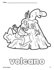 Free printable volcano coloring page for preschool, pre-k, and kindergarten, PDF