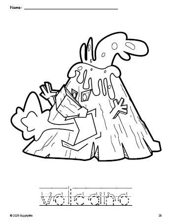 Free printable volcano coloring page and word tracing worksheet, letter formation guides, perfect for preschool, pre-k, and kindergarten, PDF