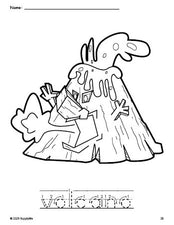 Free printable volcano coloring page and word tracing worksheet, letter formation guides, perfect for preschool, pre-k, and kindergarten, PDF