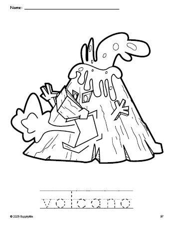 Free printable volcano coloring page and word tracing worksheet, perfect for preschool, pre-k, and kindergarten, PDF