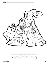 Free printable volcano coloring page and word tracing worksheet, perfect for preschool, pre-k, and kindergarten, PDF