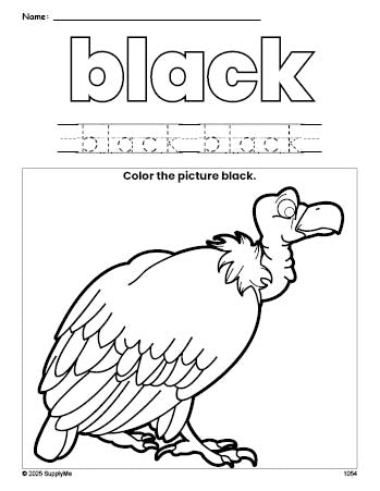 Free vulture color black coloring page and color worksheet, black worksheet for preschoolers to learn colors, printable PDF