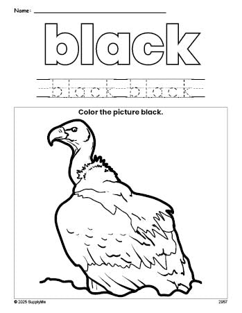 Free vulture color black coloring page and color worksheet, black worksheet for preschoolers to learn colors, printable PDF