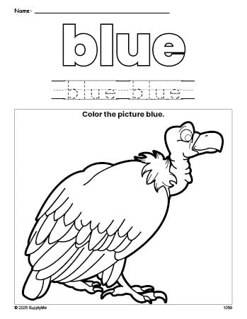 Free vulture color blue coloring page and color worksheet, blue worksheet for preschoolers to learn colors, printable PDF